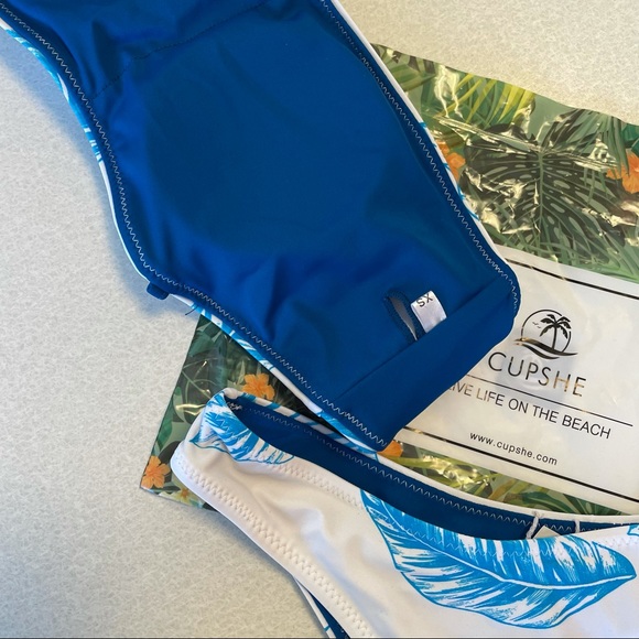 Cupshe Blue Feather Bandeau High Leg Bikini XS - Picture 4 of 13